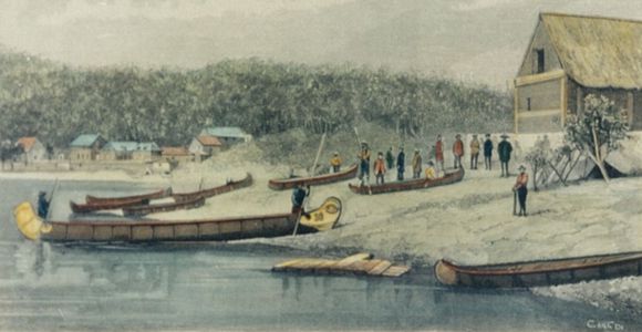 Drawing of trading post, Fort St. Joseph National Historic Site